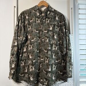 Rugged Earth Outfitters Button-Down Shirt Men's Green Deer Print Hunting - Large